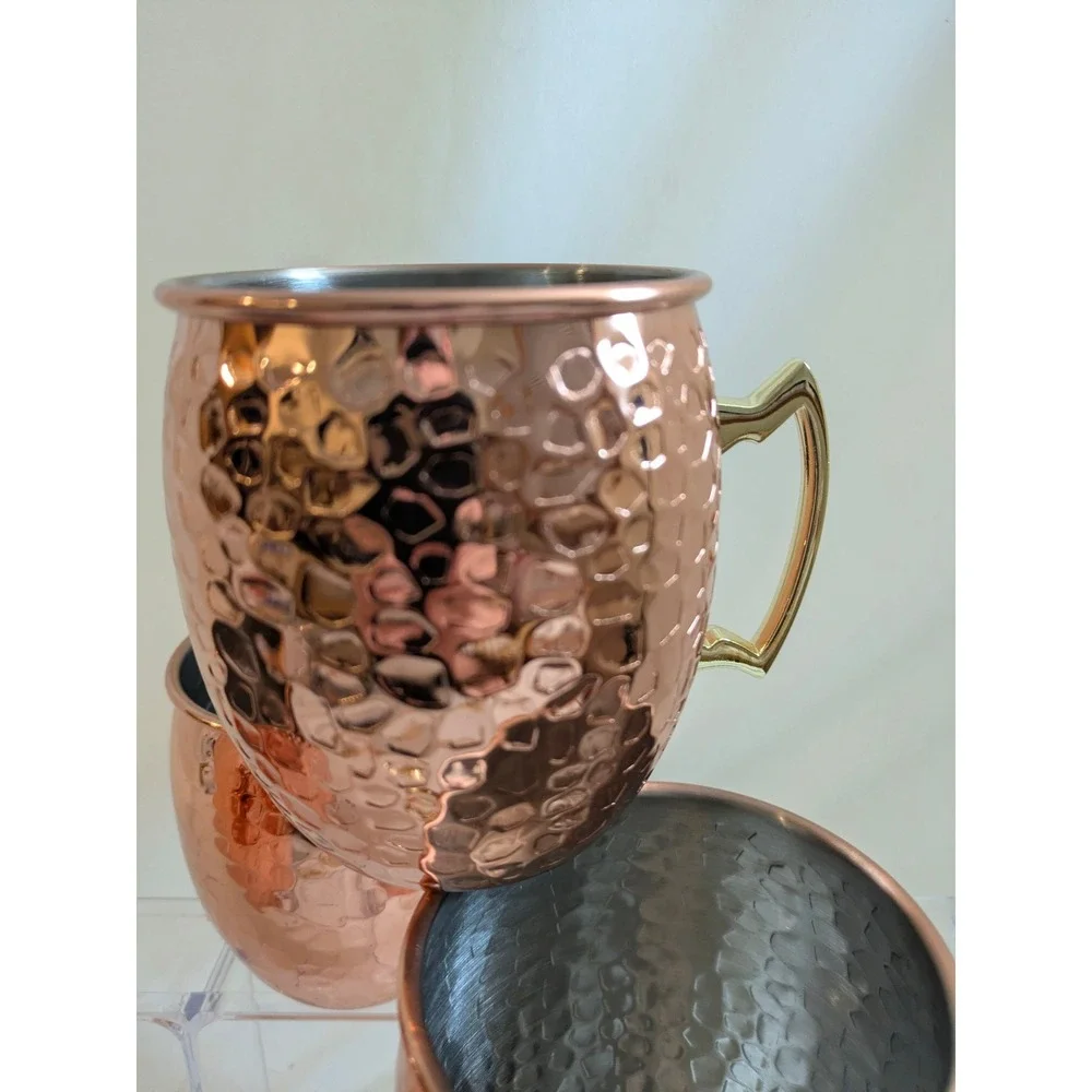 NEW 4‎ Hammered Copper Moscow Mule Mugs 16oz Stainless Steel Lined Gold Handle